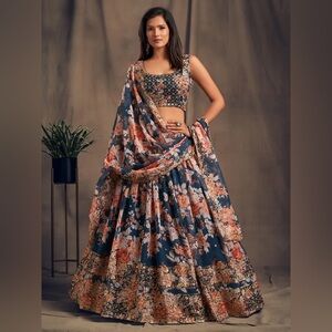 Blue and Orange Floral Lehenga Choli with Dupatta